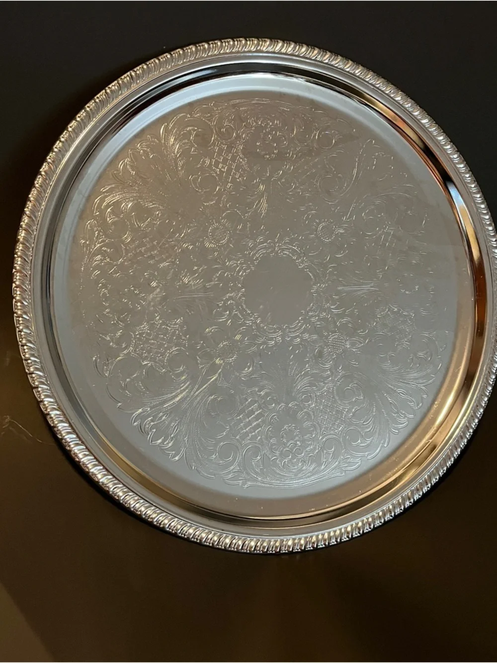 VTG Irvinware Chrome Plated 12.5 Inch Round Serving Tray Etched Design Made USA